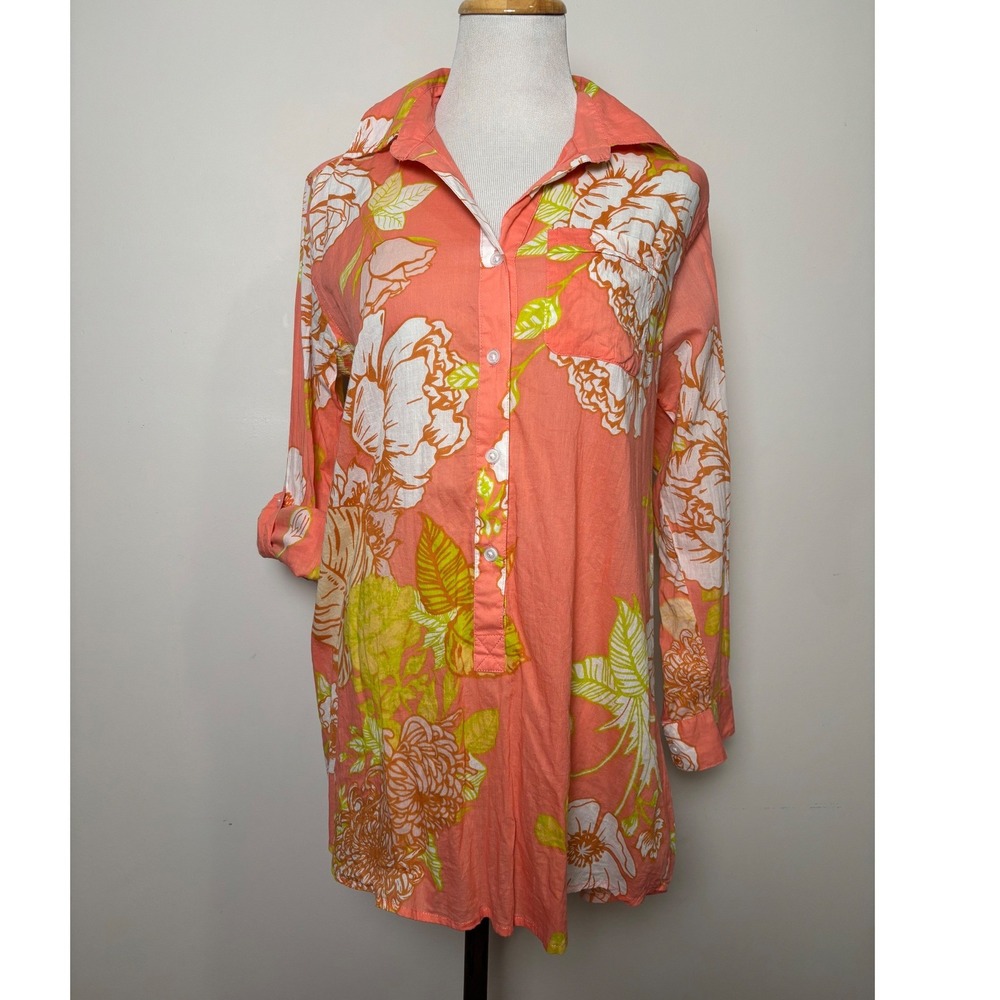 True Destinations Womens Sheer Cotton Tunic Top XS Bright Floral Beach Cover‎ Up